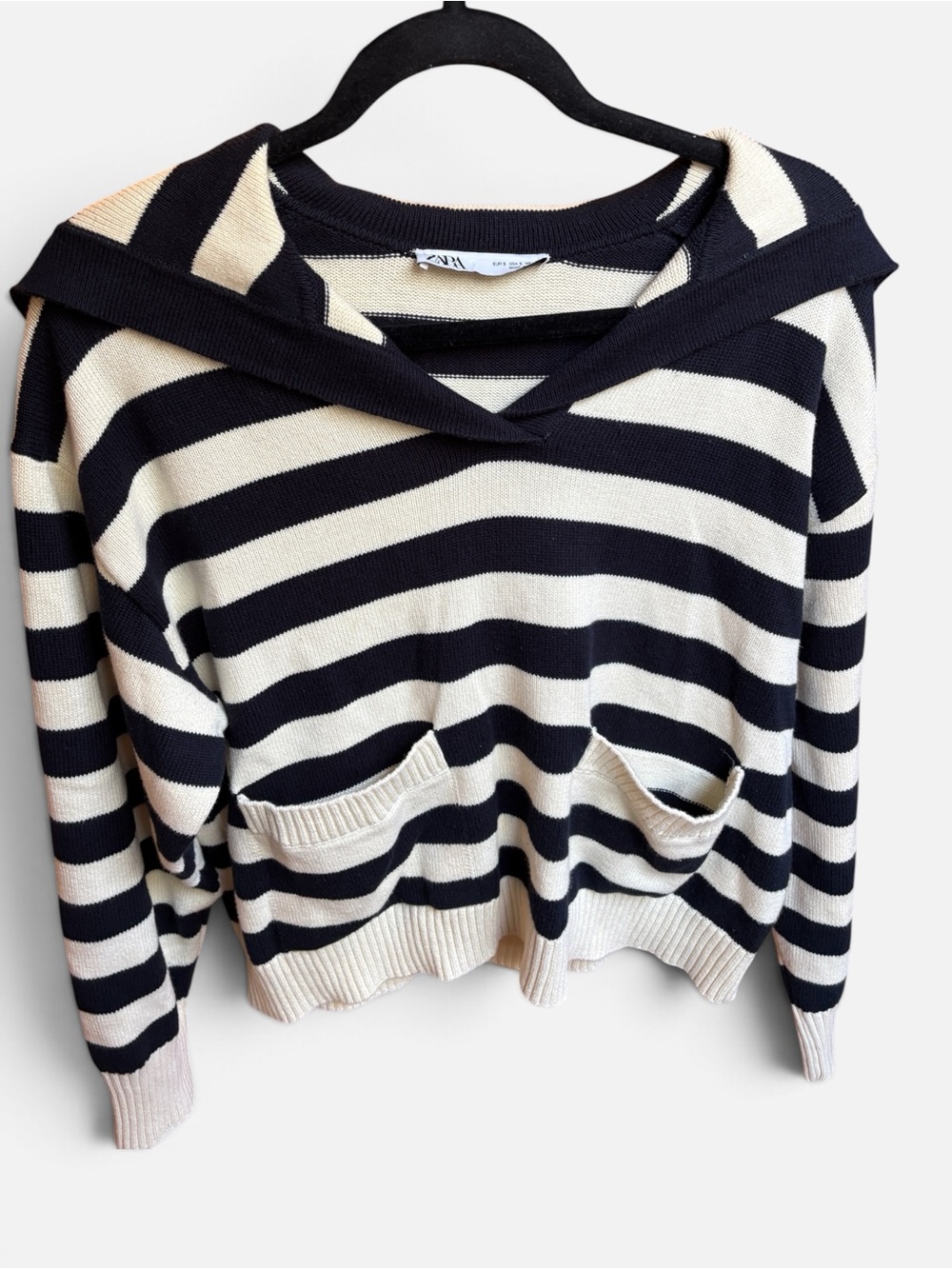 Zara Navy Blue and Cream Striped Shoulder Sweater size Small